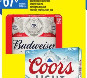 BIÈRE COORS LIGHT, MOLSON DRY, MOLSON EXPORT, MOLSON ULTRA, MILLER LITE, BUDWEISER, BUD LIGHT, LABATT BLEUE, LABATT 50, SLEEMAN LIGHT, SLEEMAN CLEAR, SLEEMAN DRAUGHT, MOOSEHEAD OU COORS ORIGINAL BOUTEILLES OU CANETTES, 24×341/355 mL